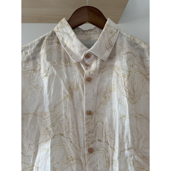 Azulu Colombia Mens M Beige Cuffed Short Sleeve 100% Linen Button Up Shirt - Picture 3 of 8